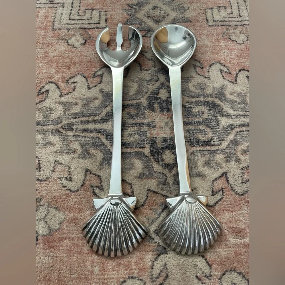 Silver Alloy Metal Coastal Grandma Chic Seashell Salad Serving Utensils